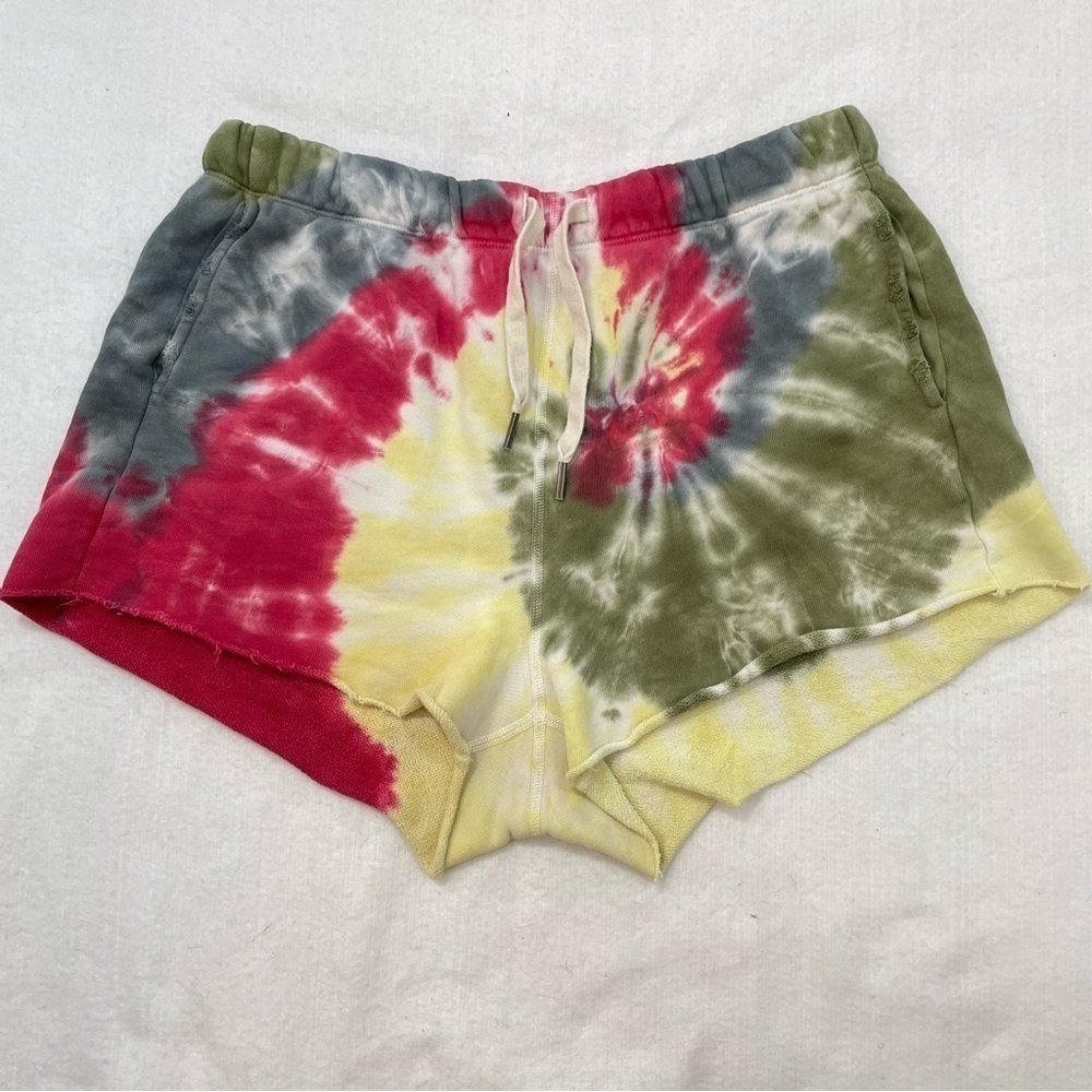 NSF Ines Tie Dye drawstring cotton distressed shorts, pockets, psychedelic 60’s 